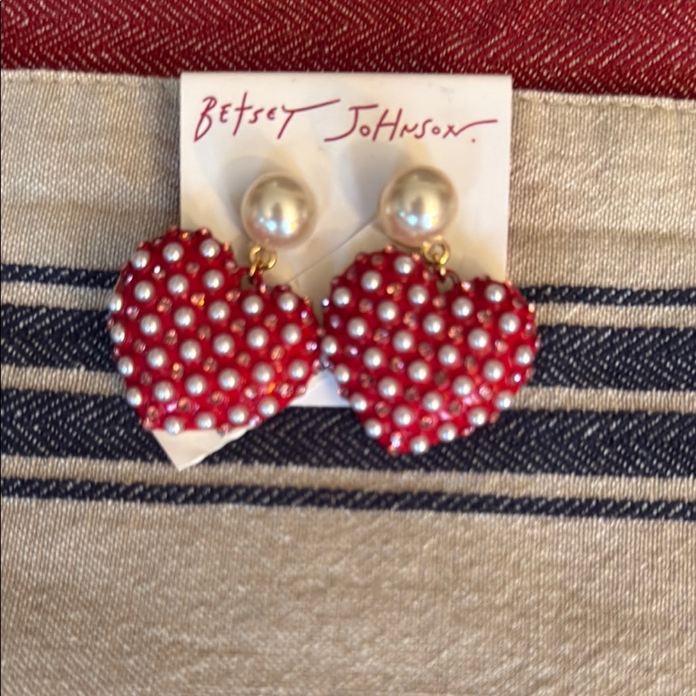 Betsey Johnson Red and Pearl Heart Earrings